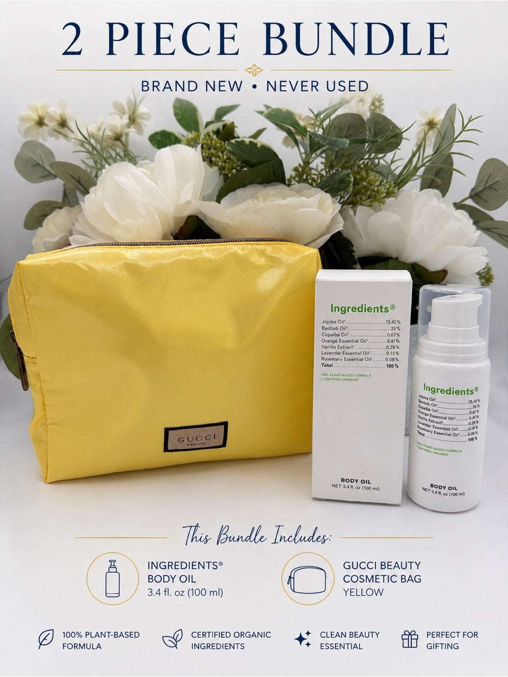 2 Pc Beauty Bundle | Gucci Beauty Cosmetic Bag + Ingredients® Organic Body Oil✨✨